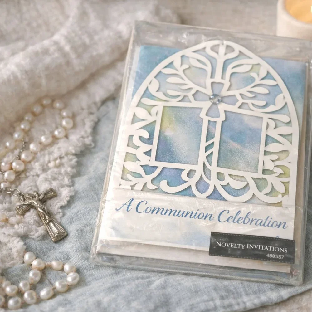 Vintage First Communion Invitations Laser Cut Blue Stained Glass Cross Sealed